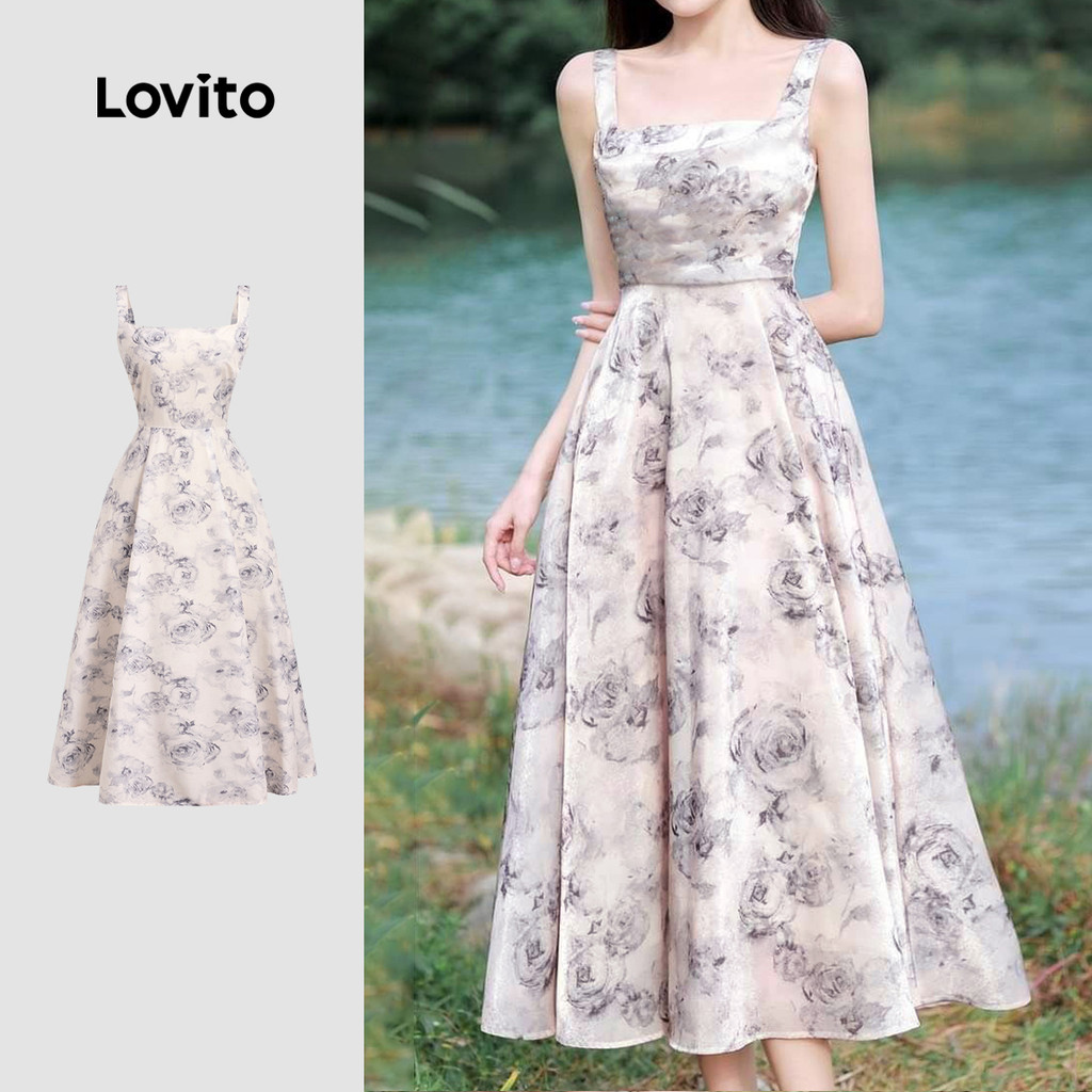 Lovito Vestido Elegante com Zíper Flores Toque Suave Vestido Primavera/verão para Mulheres LBL26199 - Women Clothes