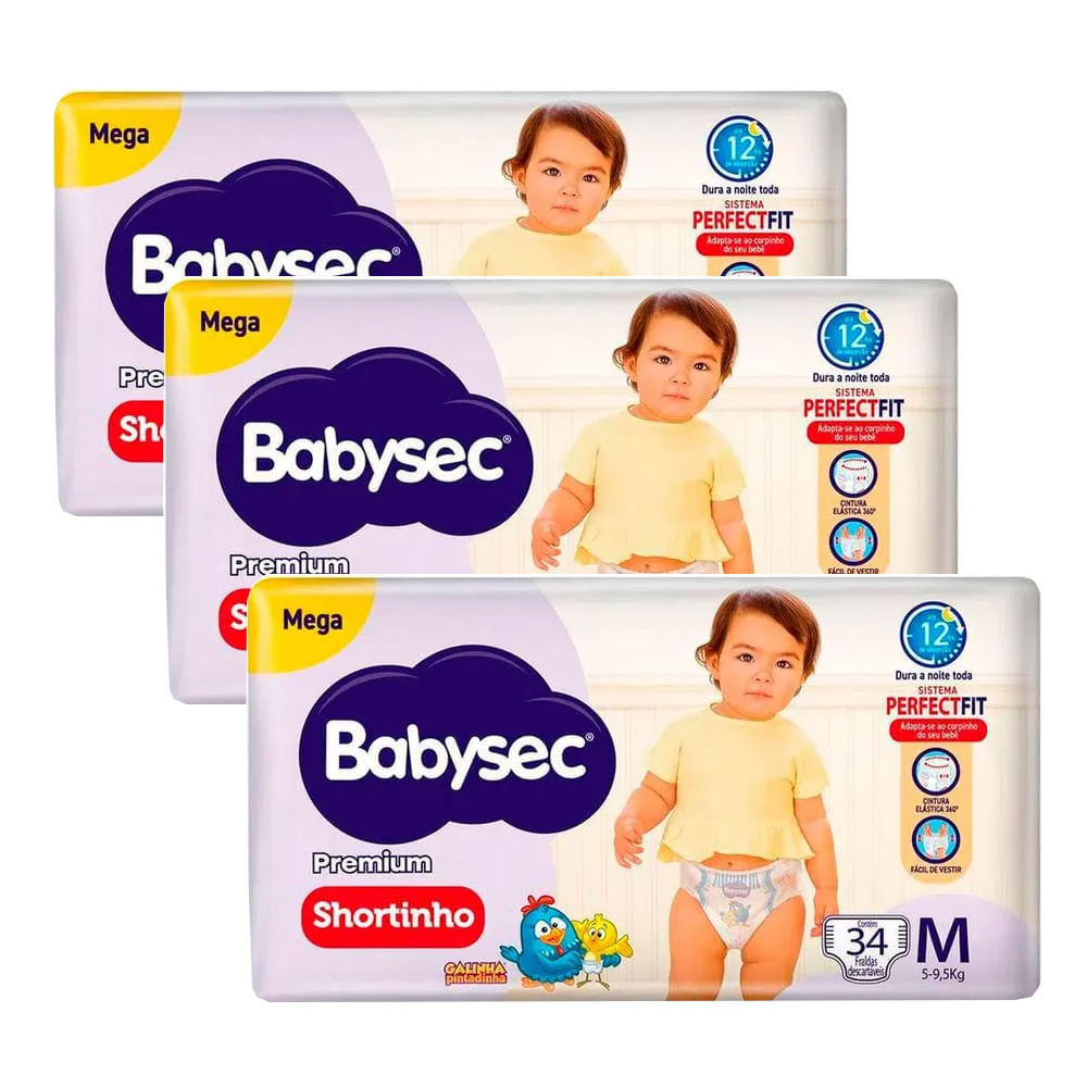Kit 3 Fraldas Descartável Babysec Shortinho Mega M - 102 Tiras - Mom & Baby