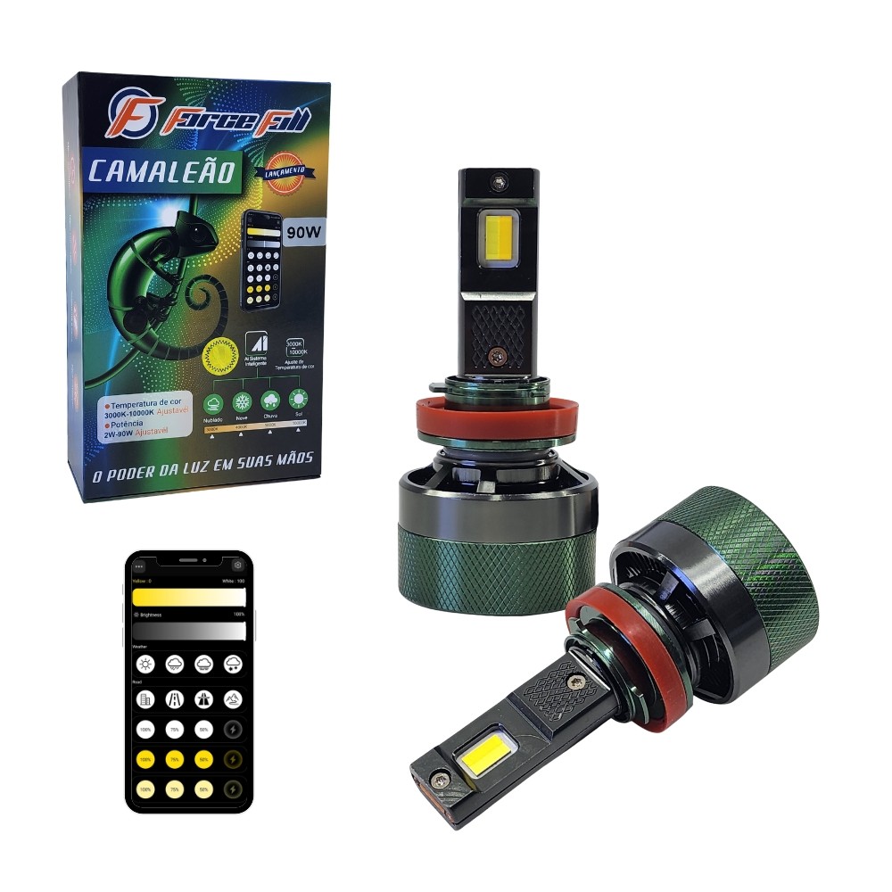 LAMPADA DE LED CAMALEAO COM FUNÇÃO ESTROBO 3000 - 10000K H8/H9/H11 VIA APLICATIVO