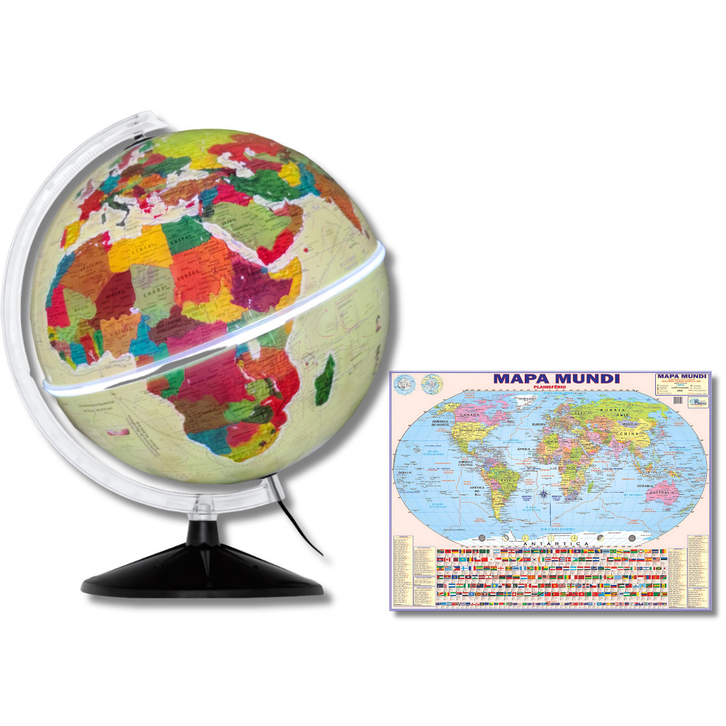 Globo Terrestre Físico Histórico 30cm Diâmetro + Mapa Mundi Gigante