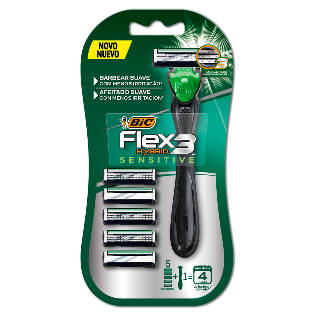 Aparelho de Barbear Bic Flex 3 Hybrid Sensitive com 5 Cargas - Beauty