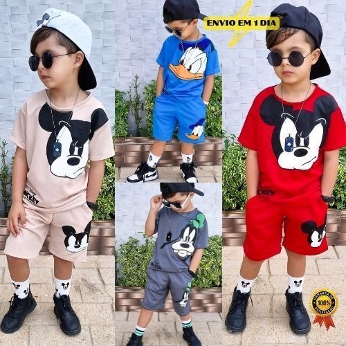 Conjunto Infantil Verão Menino Camisa e Bermuda Personagens Temáticos Roupa Fresca e Confortável