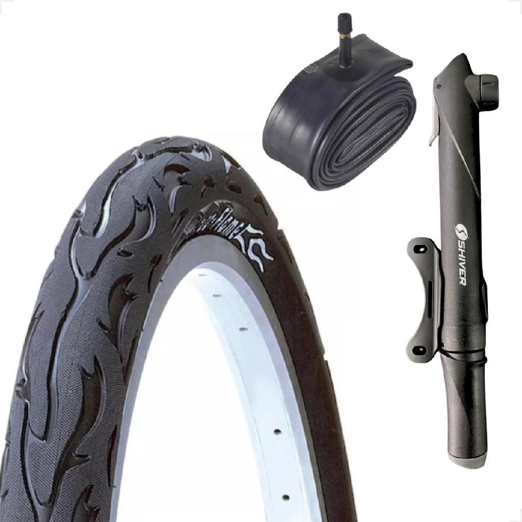 Pneu Bicicleta Kenda Flame Balão Aro 26 x 2.125 Liso Fogo + Camara Bico Grosso Brinde Bomba de ar