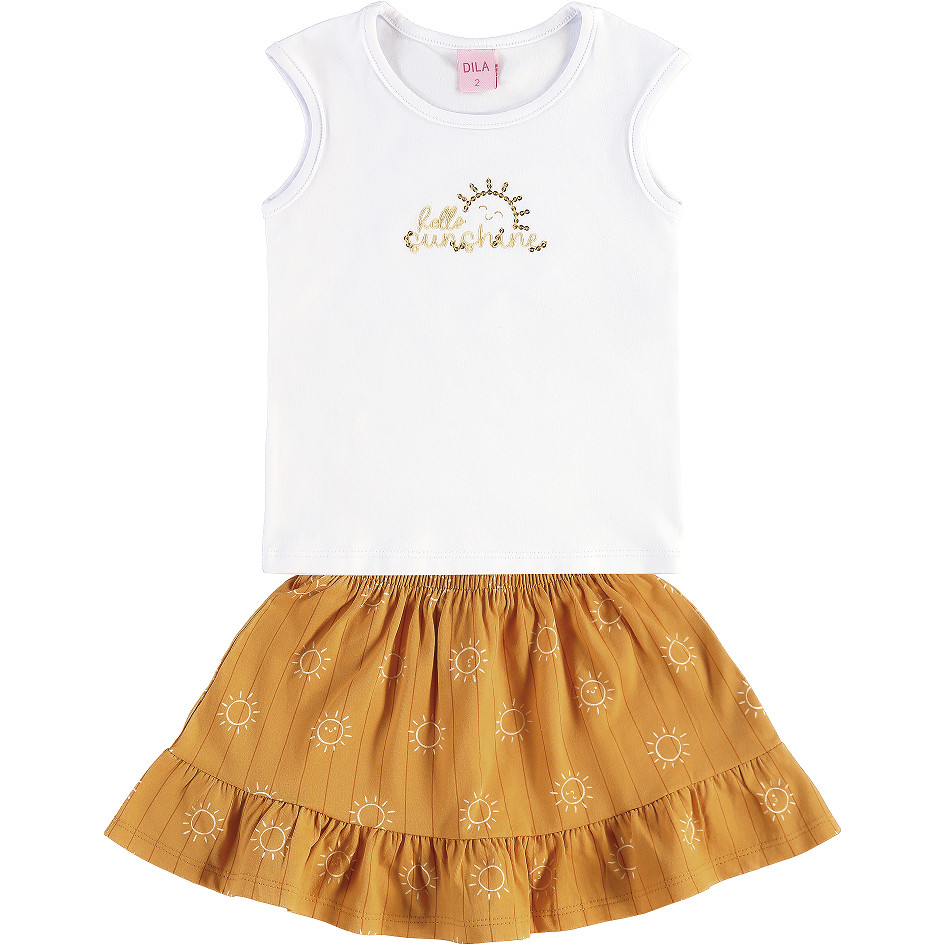 04603 CONJUNTO INFANTIL FEMININO BLUSA COM BORDADO EM LANTEJOULA + SHORT-SAIA COTTON COM FIO LYCRA® E MALHA ESTAMPADA