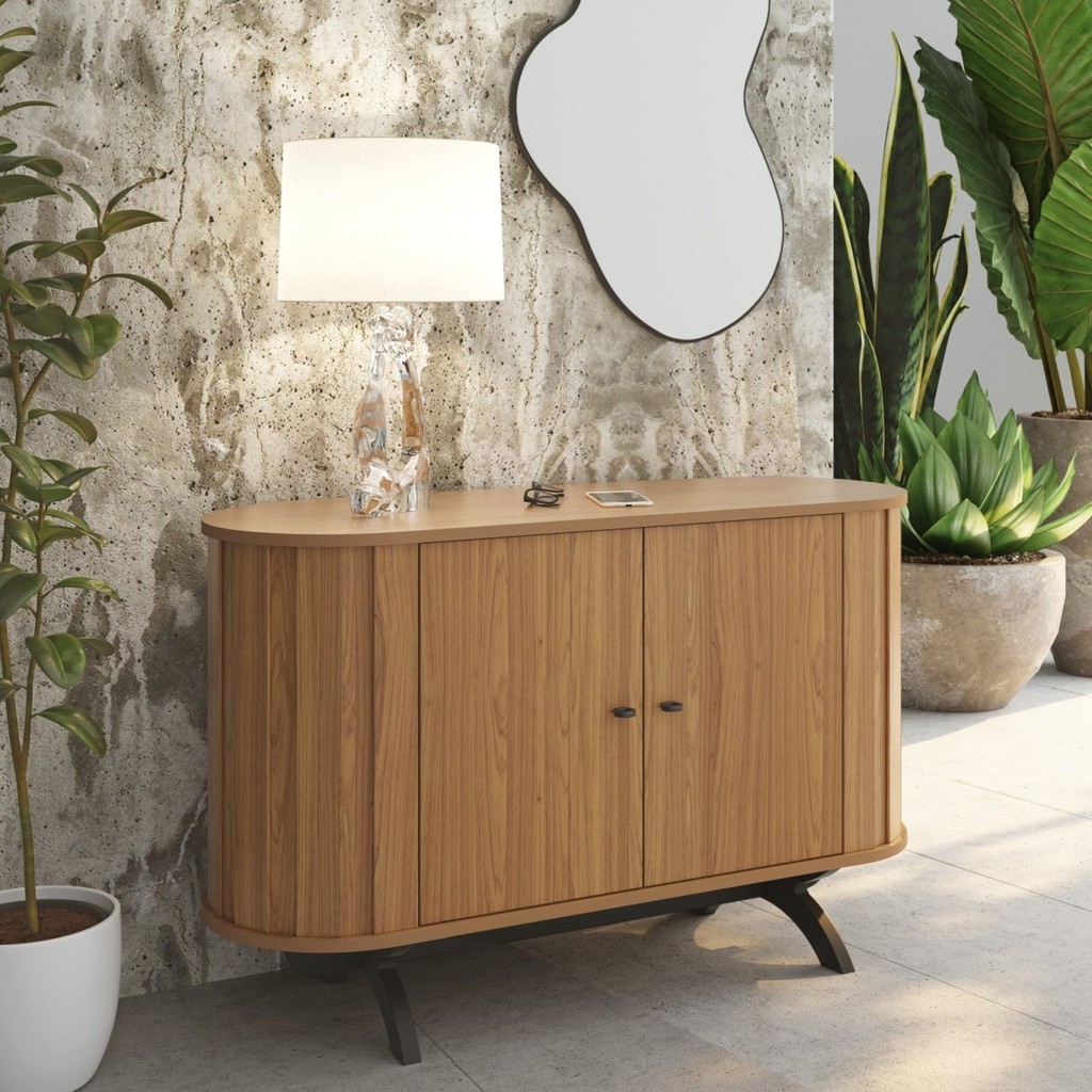 Buffet Aparador Curvo com Canto Arredondado 100% MDF 130cm 2 Portas Freijó/Preto