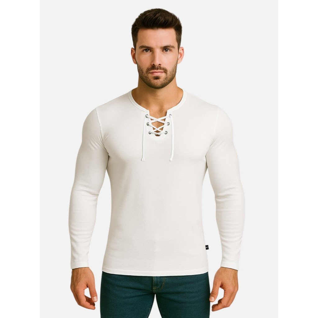 Camiseta Slim Bata Ilhós Masculina Básica Camisa Viscose Elastano Blusa Manga Longa Viscolycra