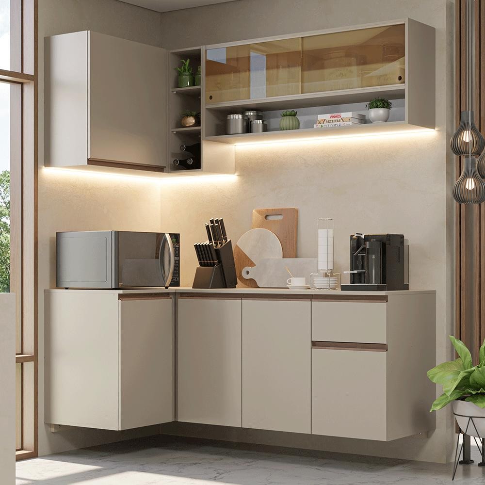 Armário de Cozinha Completa de Canto 265 cm Suspenso Crema Nice Madesa 04 em Oferta na Shopee