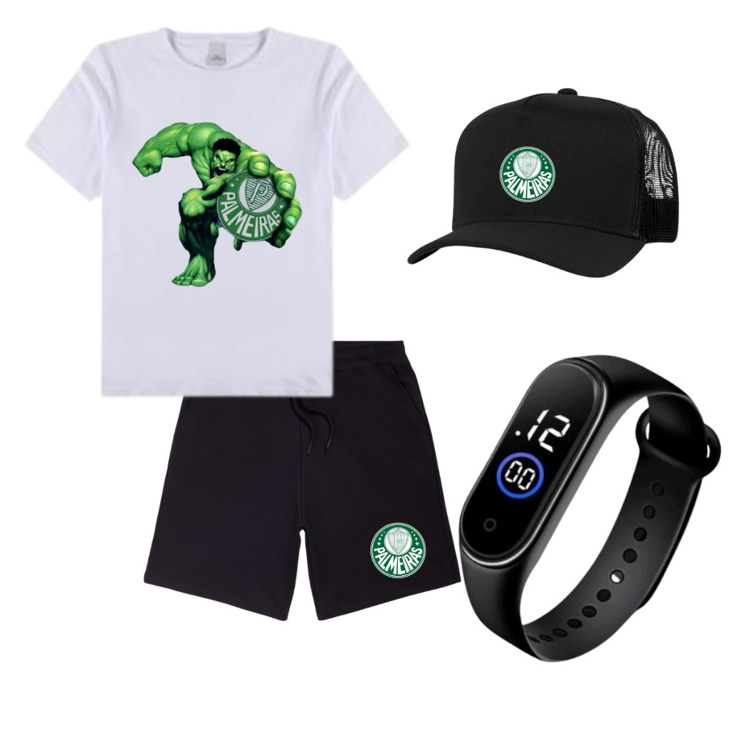 Conjunto infantil e juventil camiseta e bermuda relogio bone Palmeiras 4 ao 16