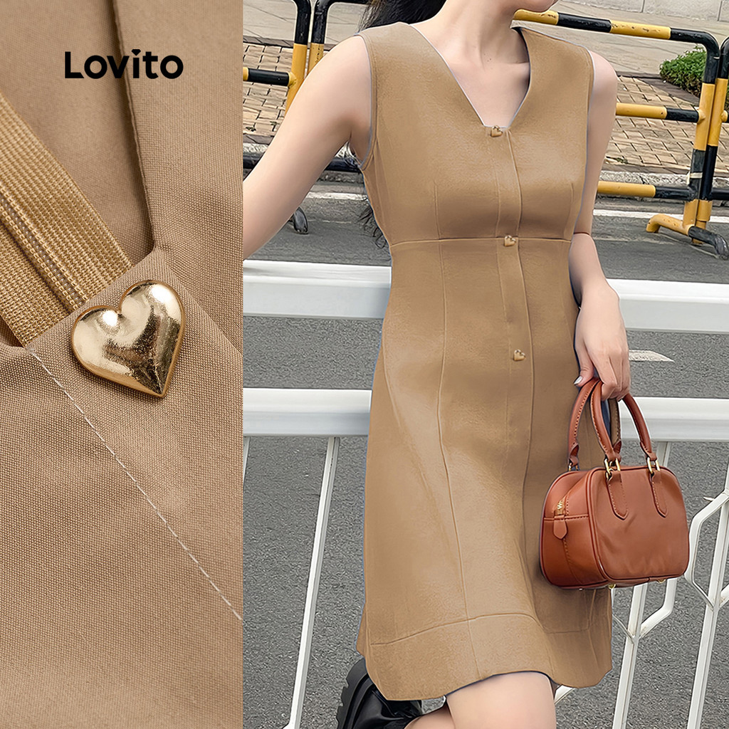(New Lovito) Vestido Elegante de Botão Primavera/verão para Mulheres L143ED398 em Oferta na Shopee