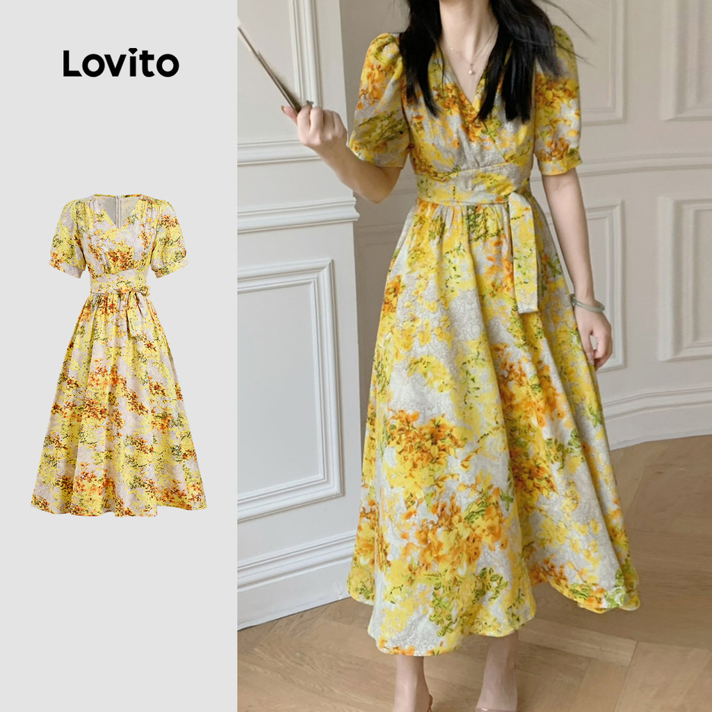 (New) Lovito Vestido Elegante com Cinto  Vestido de Primavera/verão Amarelo para mulheres LBL27176