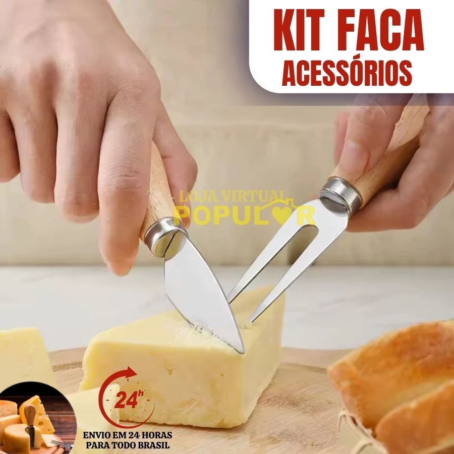 Jogo Conjunto 3 Peças para Queijo Kit em Aço Inox com Cabo de Madeira em Bambu