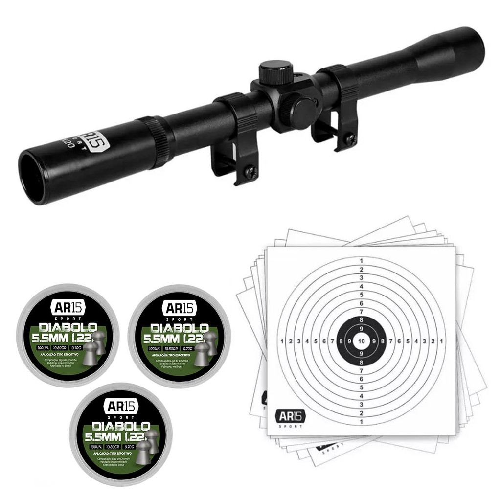 Luneta 4x20 Ar15 Sport + Rossi Sport 5.5mm + 100 Alvos De Papel em Oferta na Shopee