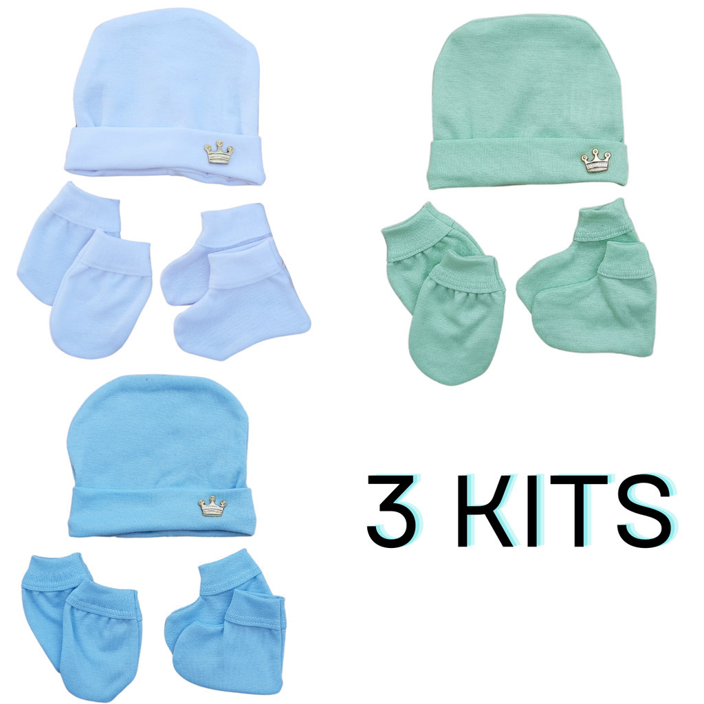 KIT 3 Pacotes Touca , Luvas e Sapatinhos Bebê 0 a 3 Meses Menina e Menino Com 3 Peças Cada Pacote em Oferta na Shopee