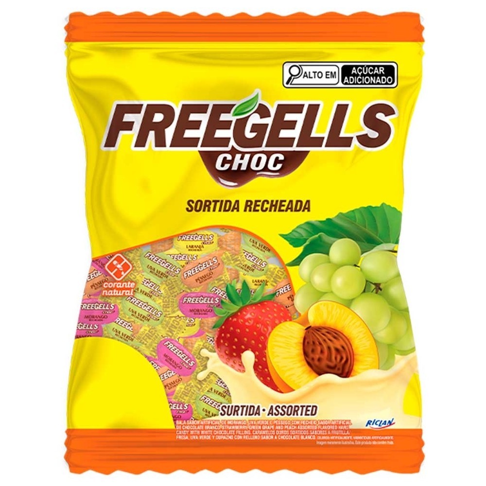 Bala Dura Recheada Freegells Chocolate Branco e Frutas Sortidas 475g - Riclan