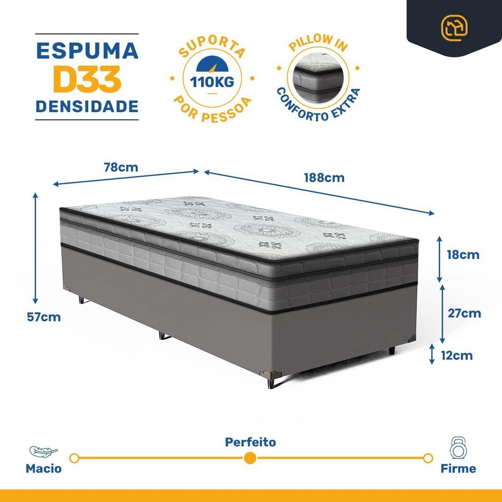 Detalhes do Cama Box com Colchão Espuma D33 Pillow In D'Angelis Ortosleep Solteiro 78x188x57cm