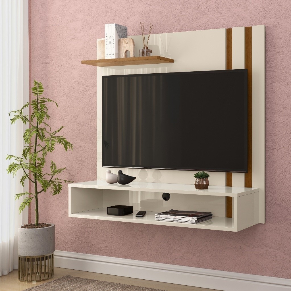 Painel para Sala Tv 32 Polegadas Painel Natalia Light Off White com Freijo