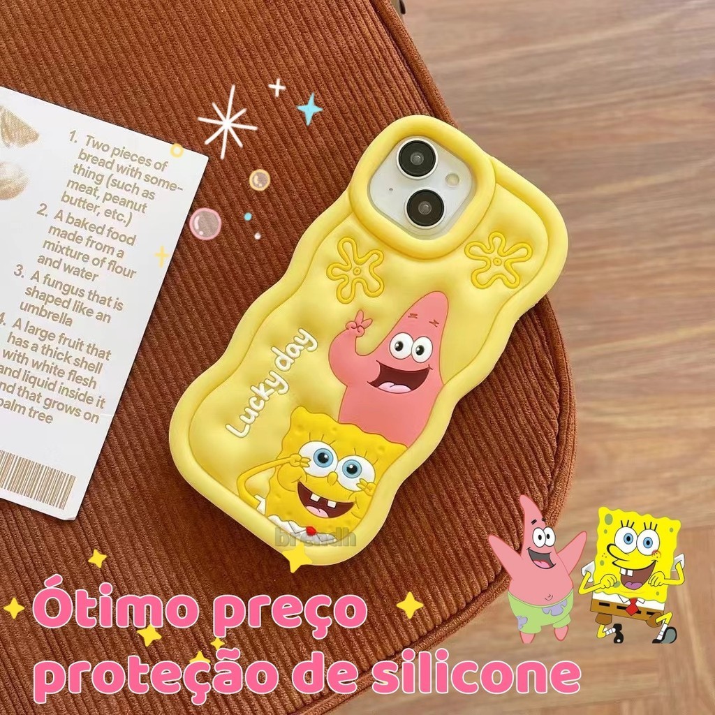 Capinha iphone 11/12/13/14/15 Pro max,Capinha 3d de silicone,Capa para celular com borda ondulada à prova de choque, Bob Esponja fofo,Aplicável iPhone 11,12,13,14,15,11PM,12PM,13PM,14PM,15PM