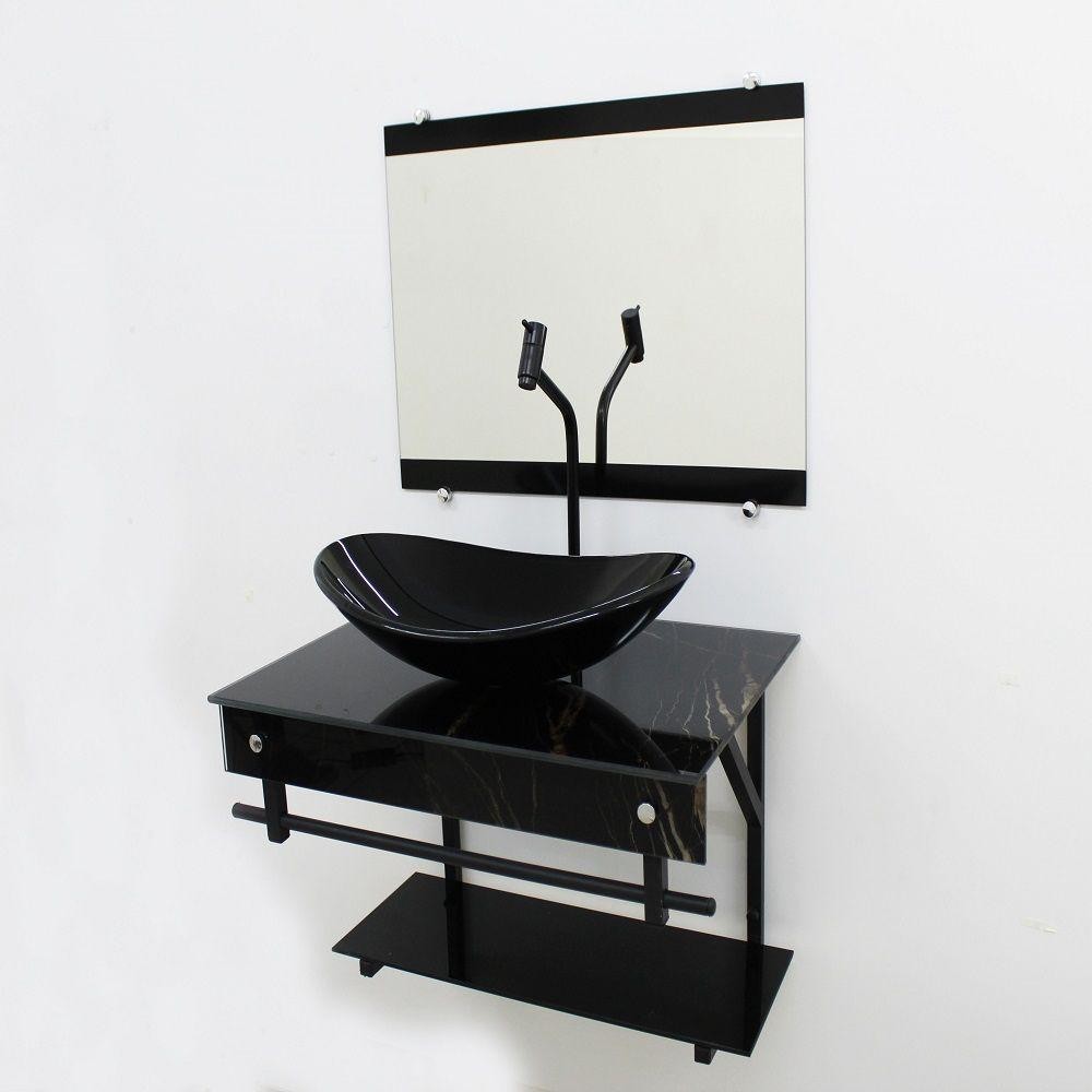 Gabinete de Vidro 60cm com Cuba Oval Mármore Preto - Home & Living