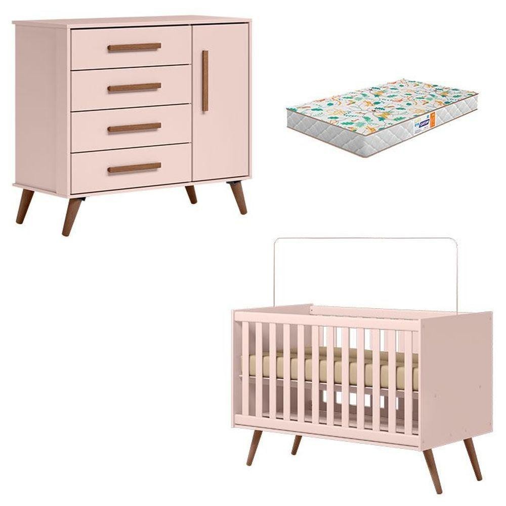 Berço Americano 3820 E Cômoda Infantil 3825 Q Encanto Retrô Rosa Com Colchão Gazin - Qmovi - Mom & Baby