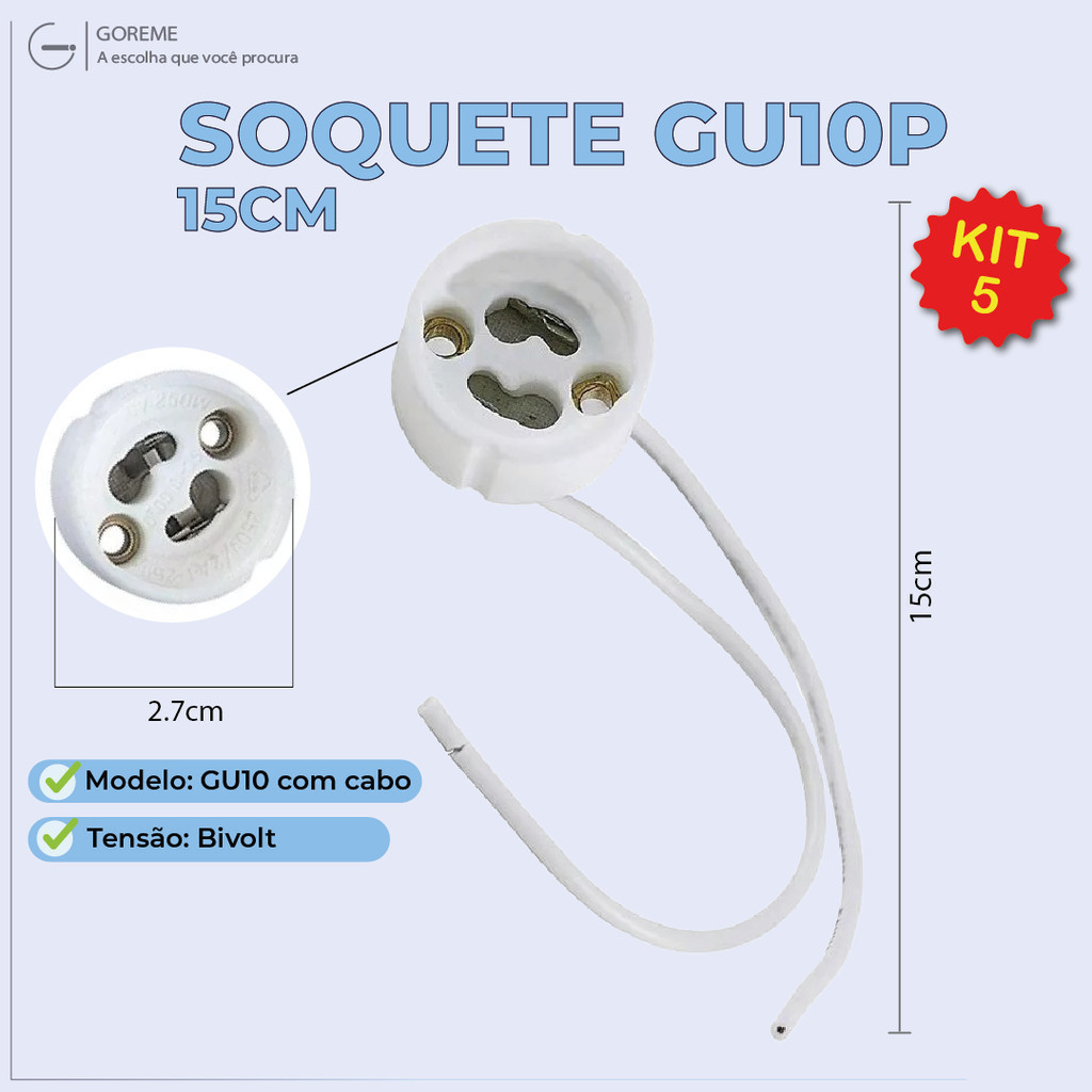 Kit 5 Soquete p/ Lâmpada Gu10 15CM Dicroica com cabo Bivolt em Oferta na Shopee