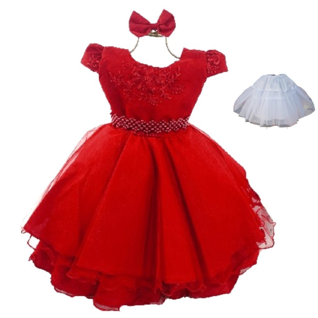 Vestido de Festa Vermelho Infantil Luxo Eventos e Festas Acompanha Saiote Anágua 056