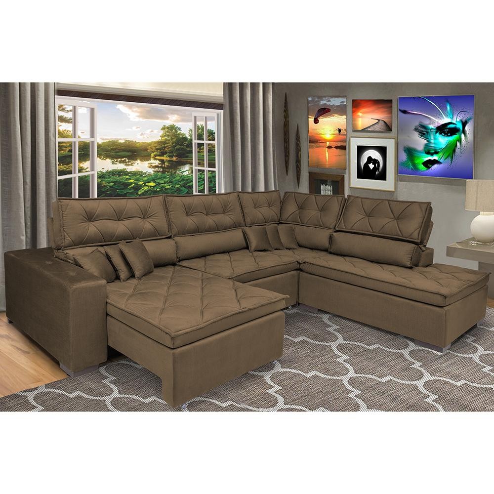 Sofa de Canto Retrátil e Reclinável com Molas Cama inBox Platinum 3,00x2,36 Tecido Suede Café em Oferta na Shopee