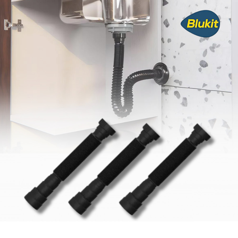 Kit 3 Sifão Tubo Extensivo Universal Corrugado Preto Com Canopla Blukit Ajustável Lavatório Pia Tanque