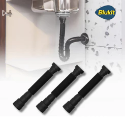Kit 3 Sifão Tubo Extensivo Universal Corrugado Preto Com Canopla Blukit Ajustável Lavatório Pia Tanque