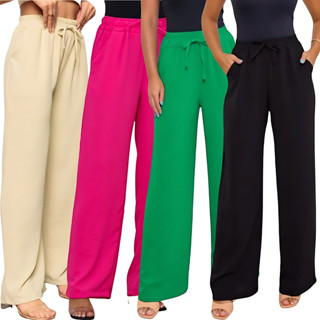 Calça Pantalona Feminina Com Bolso Cintura Alta Duna em Oferta na Shopee