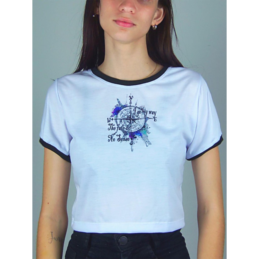 Blusa Cropped Ringer Bússola Tee Soltinho Branco E Preto - No Sense