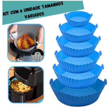 Imagem kit 6 Peças/Conjunto Cesto de Silicone Forma Redonda Air Fryer e Forno Fritadeira Elétrica com Alça Premium Original