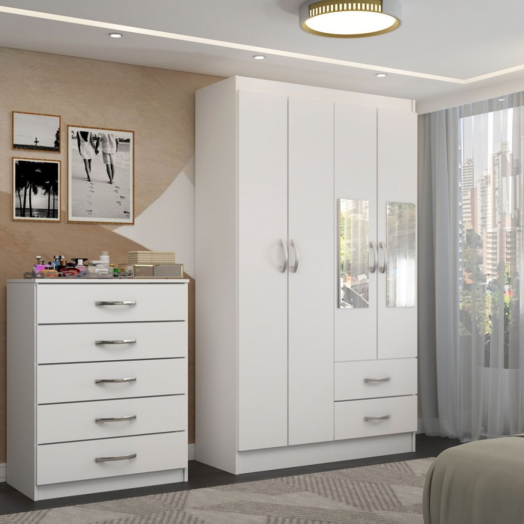 Guarda-Roupa Solteiro Eden 4 Portas 2 Gavetas e Espelho com Cômoda 5 Gavetas em Oferta na Shopee