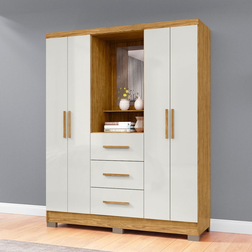 Guarda-Roupa Casal Capella 4 Portas 3 Gavetas com Espelho Marrocos/Off White - Mx Móveis em Oferta na Shopee