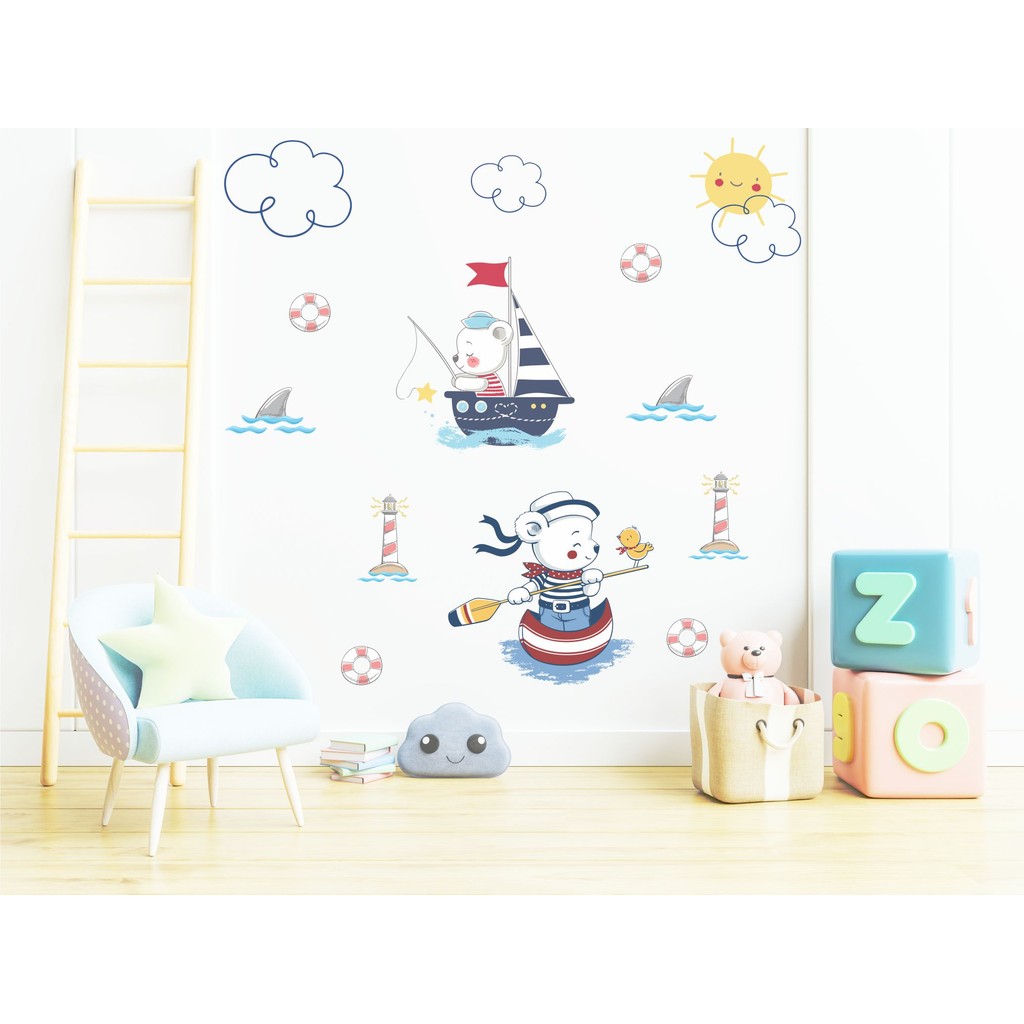 Adesivo de Parede Ursinho Marinheiro Cute Barcos e Farol Papel de Parede Infantil Decalques