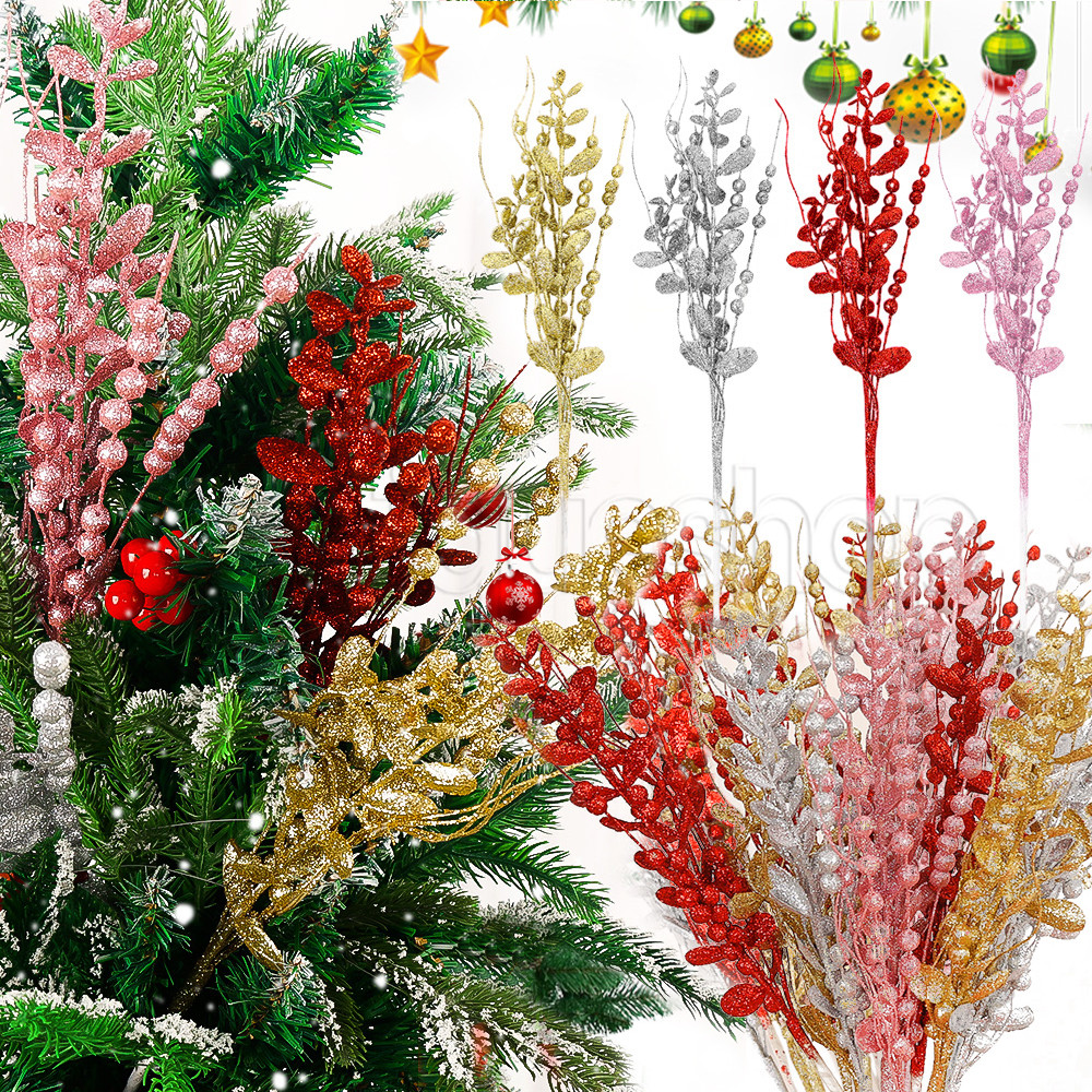 [Destaque] Bagas Em Pó De Ouro De Natal-Folhas Artificiais De Galhos De Frutas Vermelhas-Buquê De Simulação-Pingente Dec