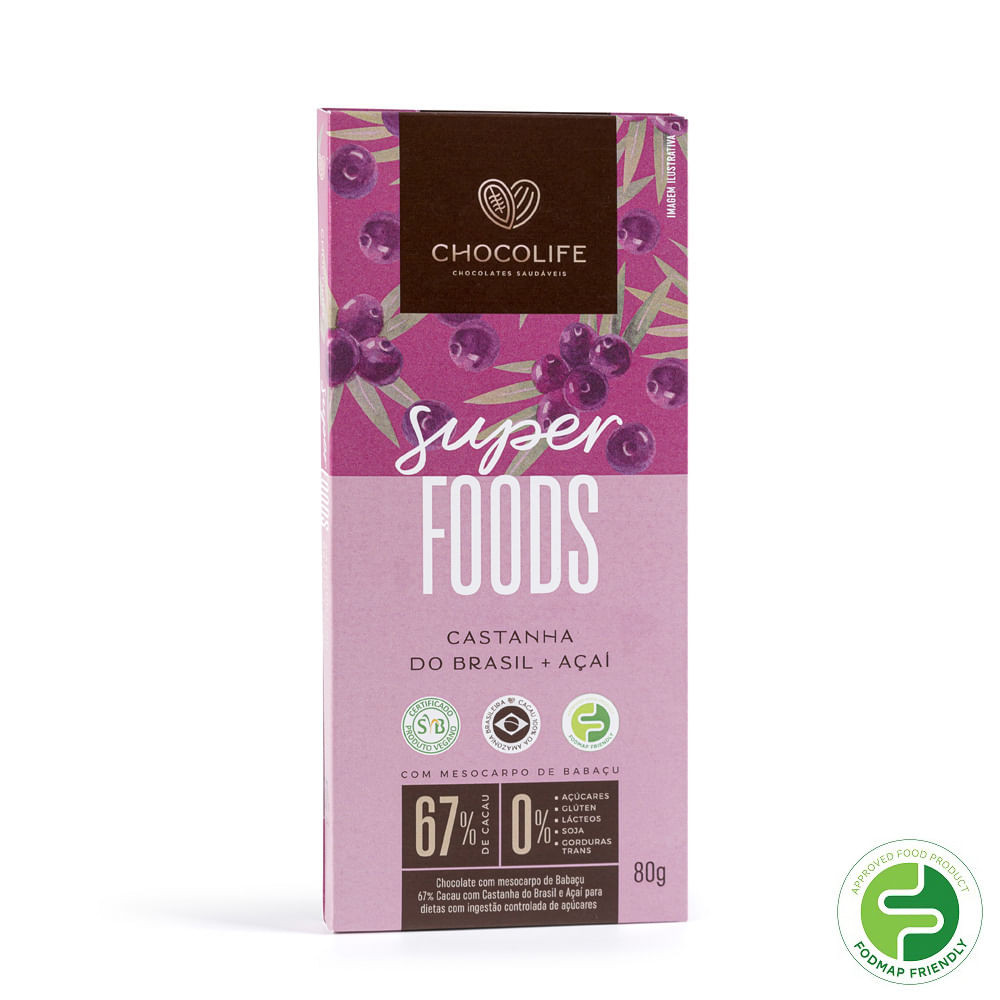 Tablete Chocolate SuperFoods 67% cacau castanha do brasil e açaí 80g