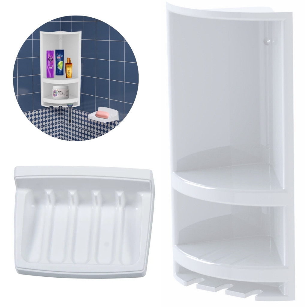 Kit Suporte de Canto Cantoneira Porta Shampoo Branco com Saboneteira Plástica de Parede Sobrepor Branca Prática