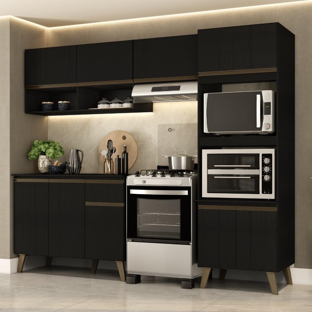 Armário de Cozinha Completa c Balcão Atlanta Essence Carraro Preto Touch em Oferta na Shopee
