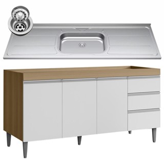 Balcão de Cozinha com Pia Inox 160cm Andréia Amêndoa/Branco - AJL Móveis em Oferta na Shopee