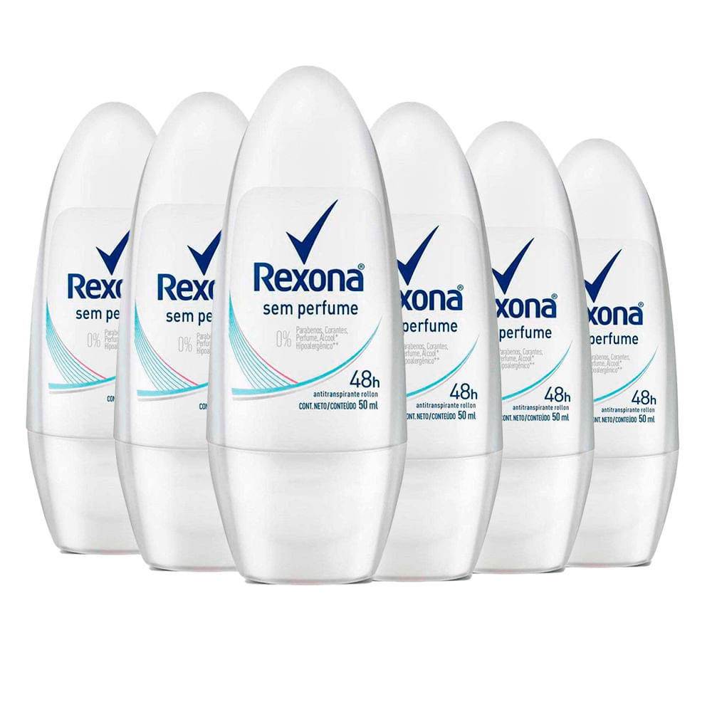 Kit Desodorante Roll On Rexona Sem Perfume 50ml - 6 Unidades - Beauty