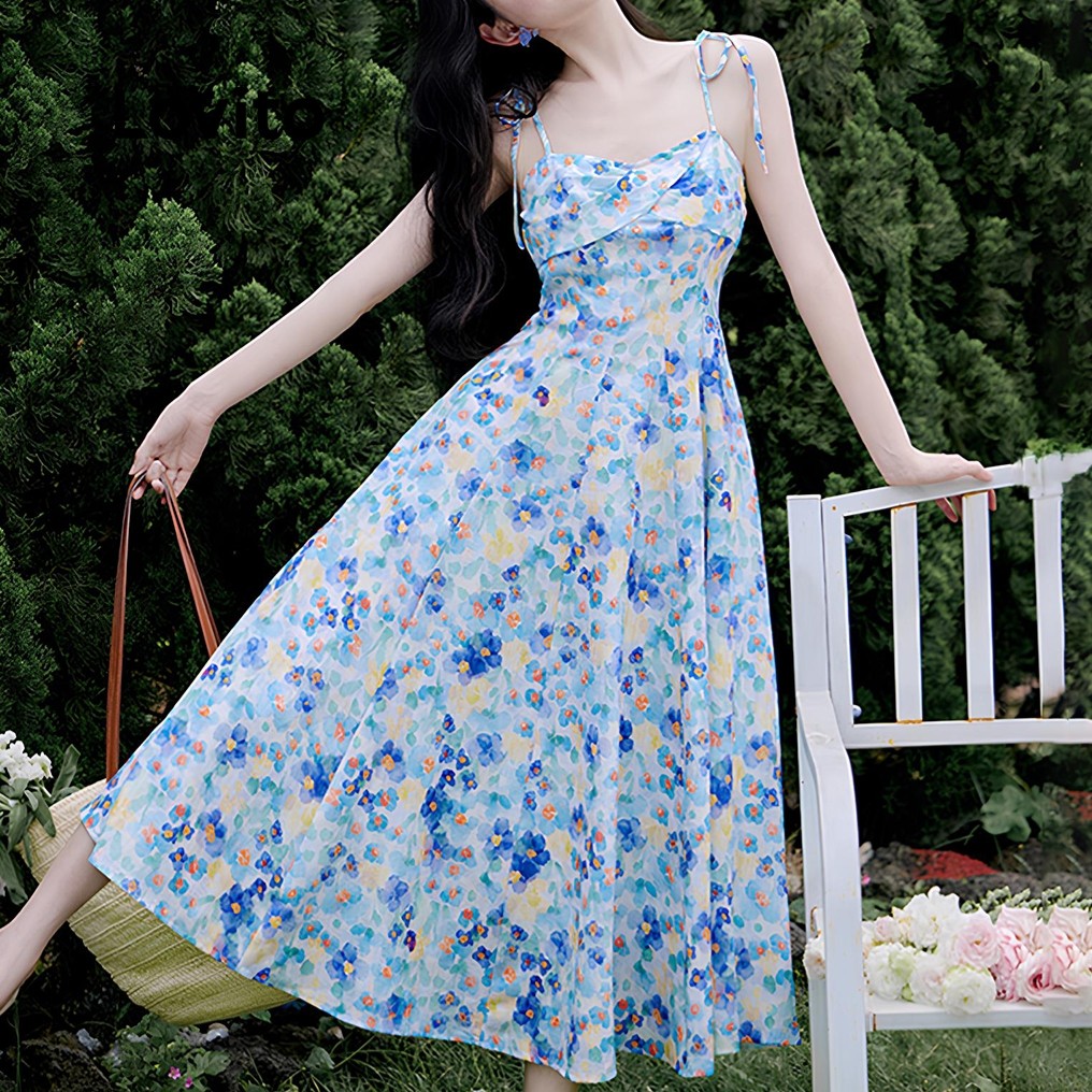 Lovito Vestido Boho com Botões Renda Zíper Toque Suave Primavera/verão Vestido Azul para mulheres L137LD171 - Women Clothes