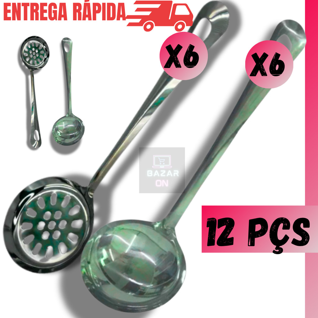 Kit 12 Peças Concha Feijão + Escumadeira de Arroz Fritura Utensílios Cozinha Jogo Completo Aço Inox