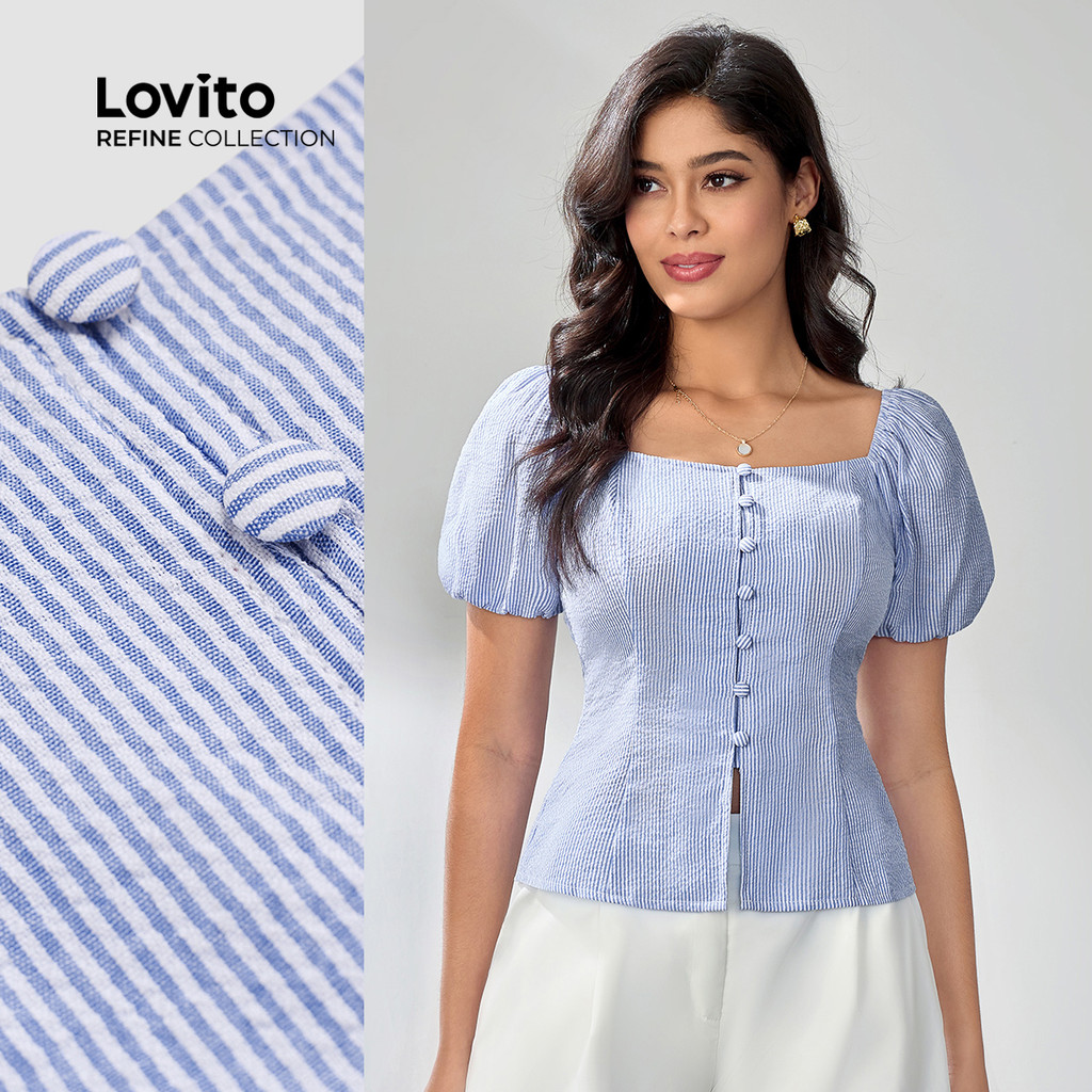 (Lovito Refine) Blusa Elegante De Algodão Listrada Com Amarração E Tecido Texturizado Para Mulheres LR4LD114 em Oferta na Shopee