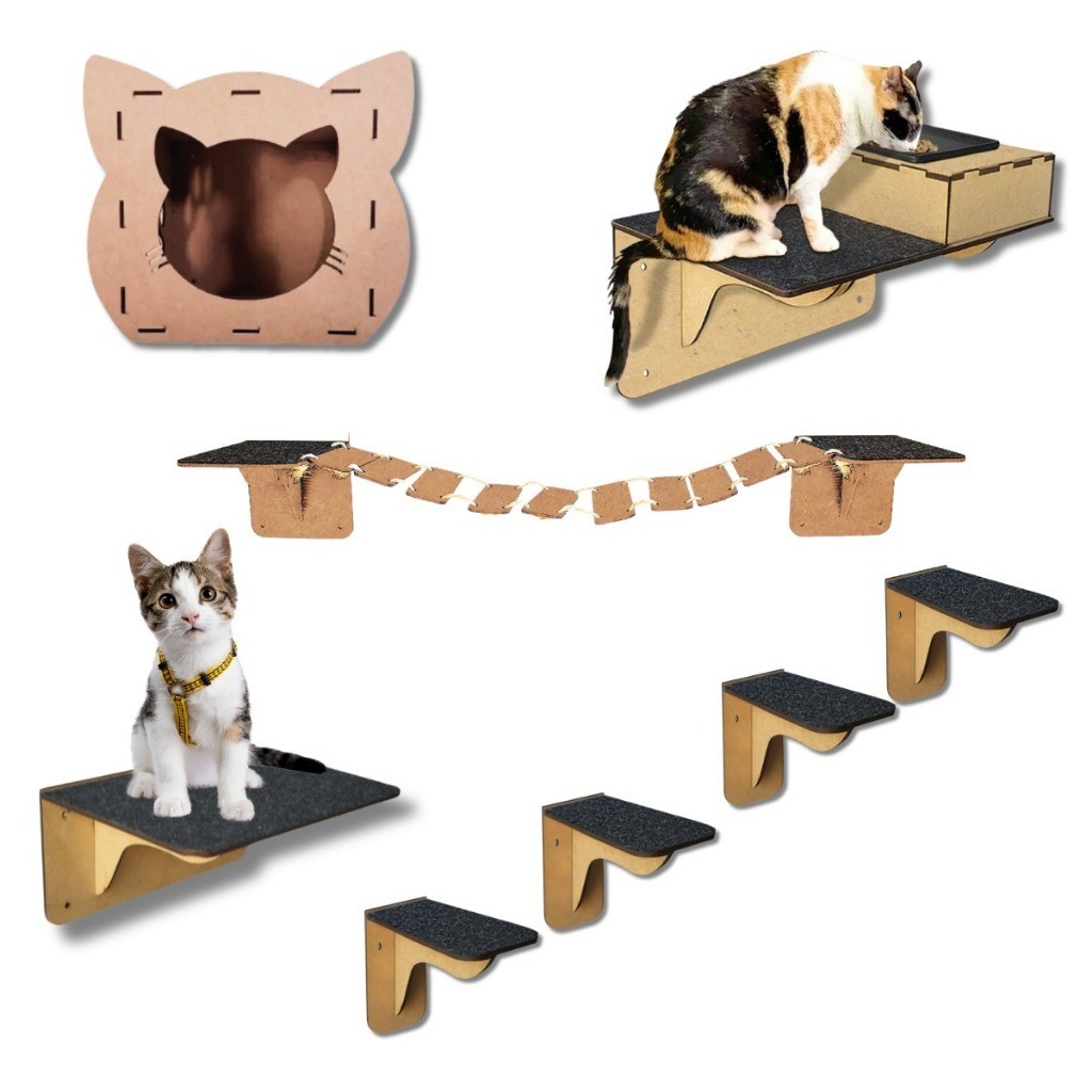 Playground brinquedos para Gatos 8 Peças com arranhador e comedor nicho ponte degrau rede brinquedo feito em mdf em Oferta na Shopee