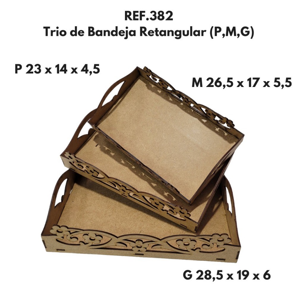 Trio de Bandeja Decorativa com Alça Retangular em Mdf