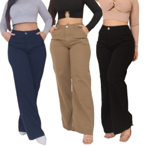 Calça Pantalona Feminina com Tecido de Sarja, Preto, Verde e Azul Marinho – Cintura Alta Modelagem