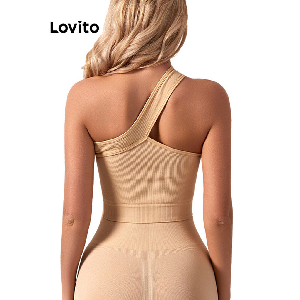 (Trendy) Lovito Sutiã Esportivo Liso Assimétrico Ombro Frio Sutiã Esportivo Para Mulheres LNL44043 - Sports & Outdoors
