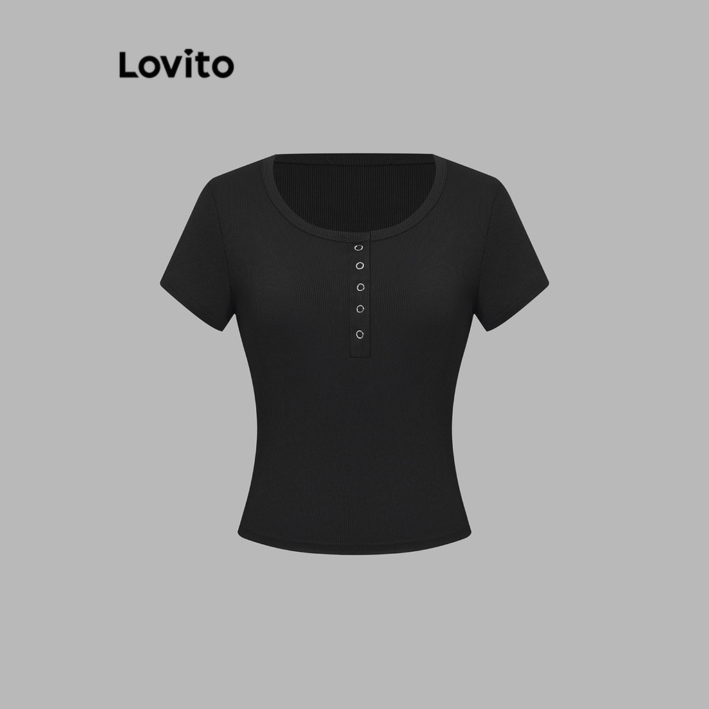 (Trendy) Lovito Camiseta Casual Com Botões Lisos E Canelados Para Mulheres L106AD194 em Oferta na Shopee