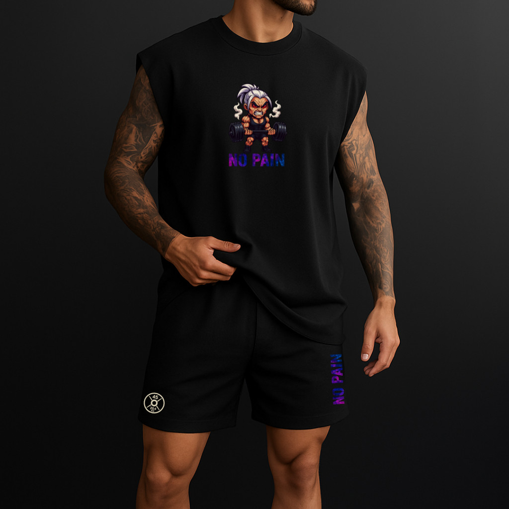 conjunto regata oversized e short de tactel de academia másculino estampada no pain puchando peso