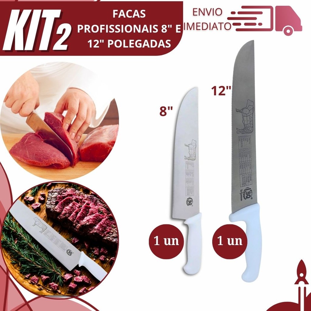 Combo Faca Inox Cabo Branco 12" e 8" Pol Para Corte De Carnes De Açougueiro Restaurante Churrasco